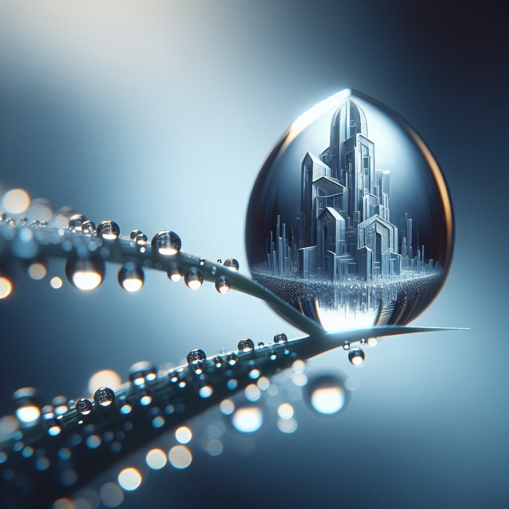 Ethereal Cityscape Reflected in Water Droplet