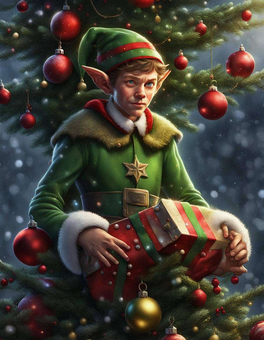 Hyperrealistic Christmas Elf Decorating Tree in Snow