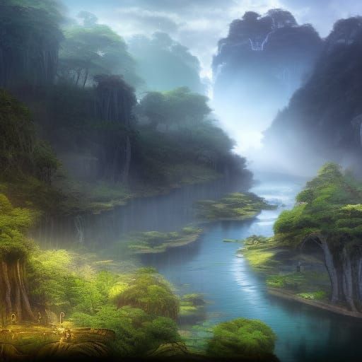 Hyperdetailed Amazon River Matte Painting