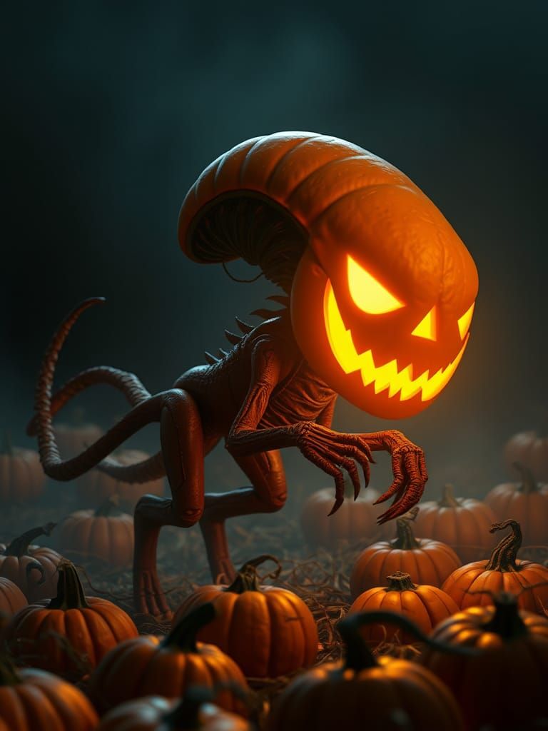 Chibi Xenomorph Jack-o'-Lantern in Pixar Style