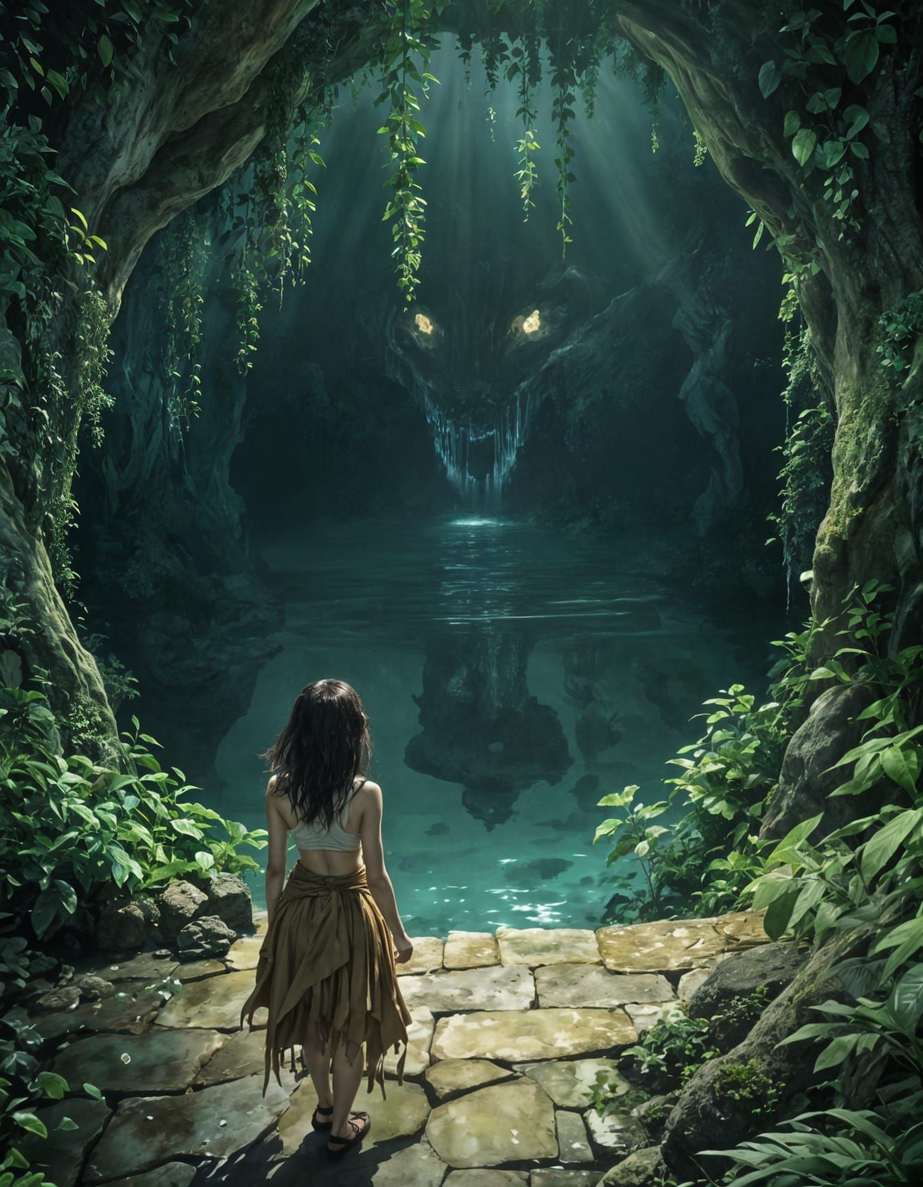 Lush Grotto with Dinosaur in Anime Style