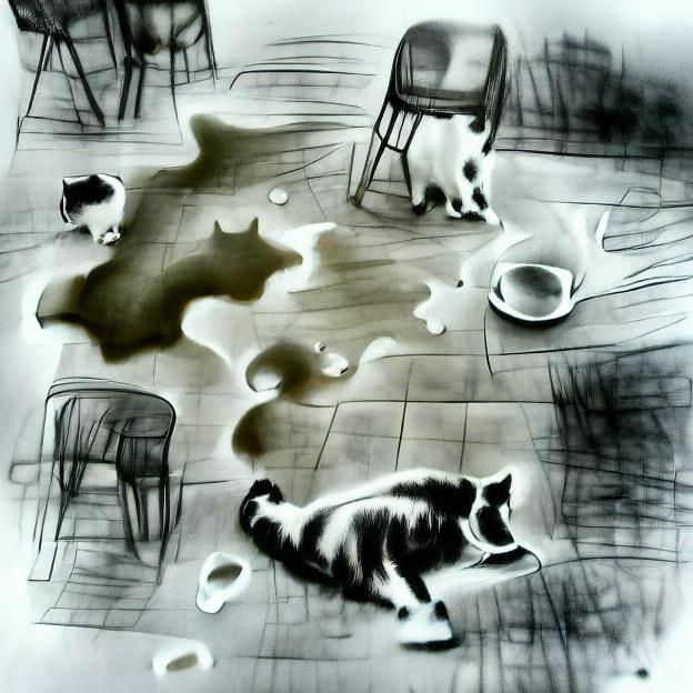 Humorous Cat Spills Milk in Simple Sketch