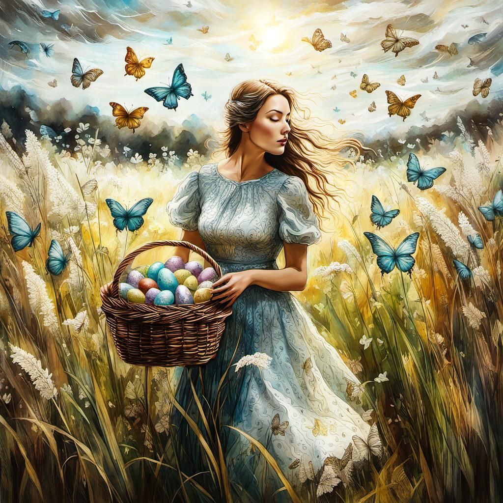 Girl with Easter Eggs in Encaustic Meadow