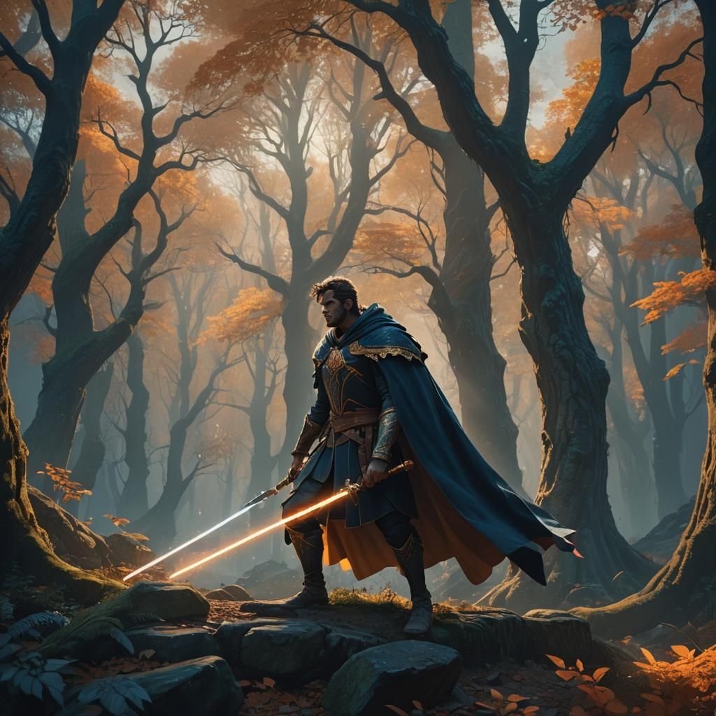 Mystical Warrior in Ancient Forest Concept Art