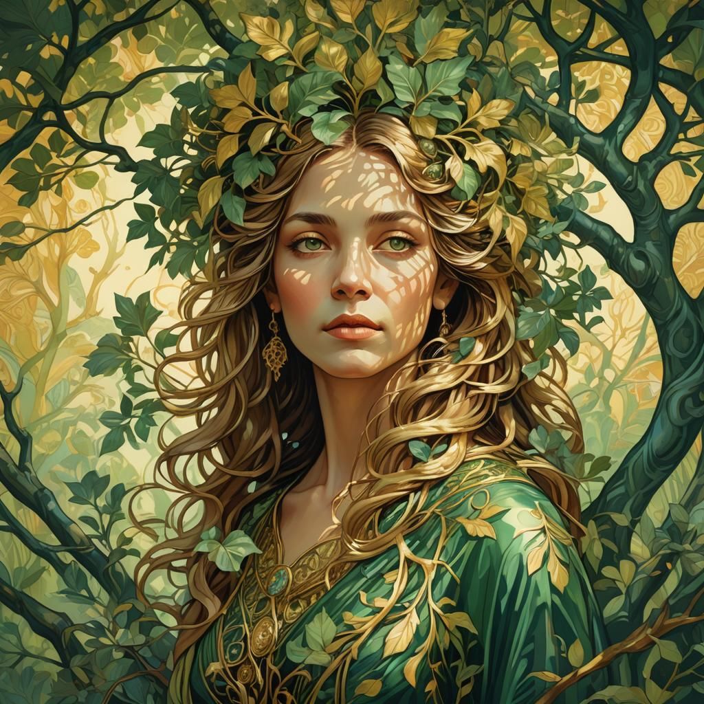 Fantasy Woman Emerges from Golden Tree, Art Nouveau