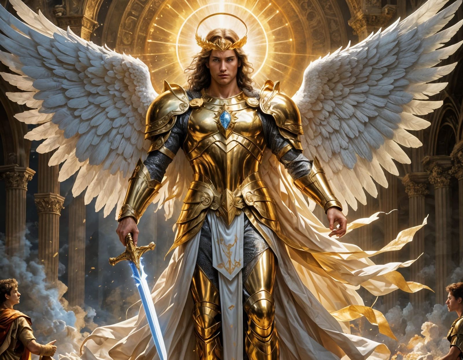Radiant Archangel with Golden Armor and Celestial Sword