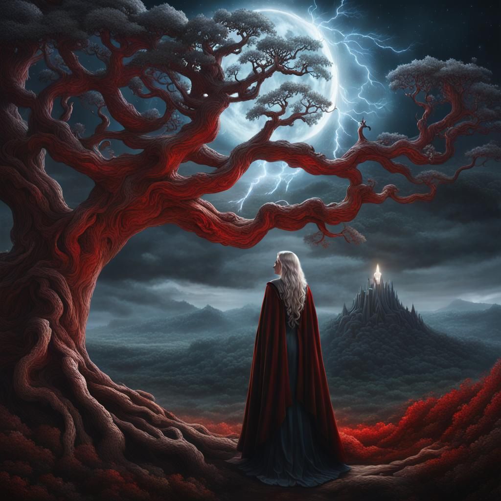 Woman Gazing at Yggdrasil in Fantasy Matte Painting