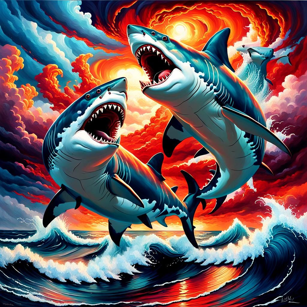 A high-definition 3D hd gothic oil painting of two sharks bursting out of a majestic and vibrant ocean waves storm