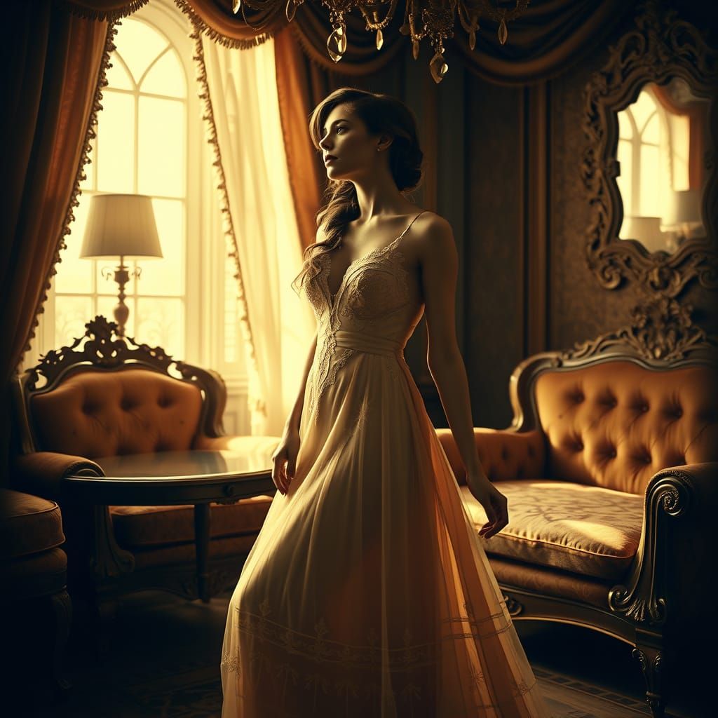 Elegant Woman in Soft, Golden Light, Parisian-Inspired Boudo...