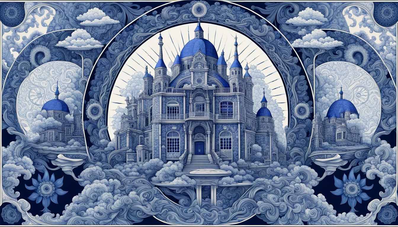 Delft Blue Fractal Art Nouveau Poster
