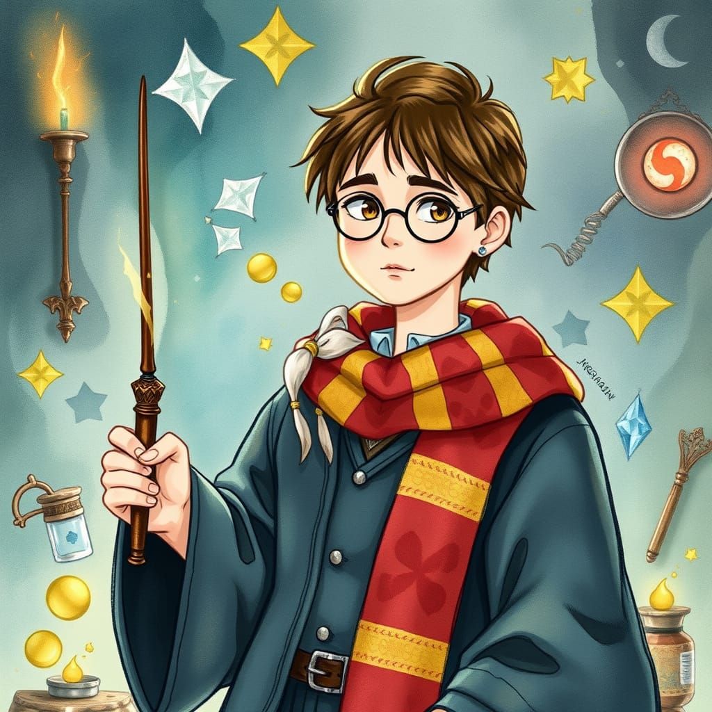 Person in Hogwarts Robes with Wand, Watercolor Style