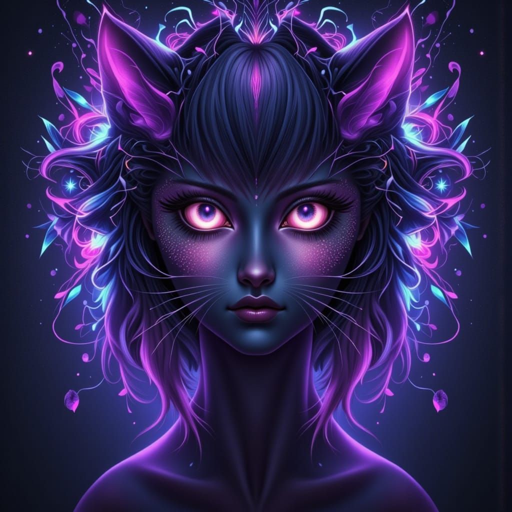 Ethereal Woman with Cat in Mandala Style