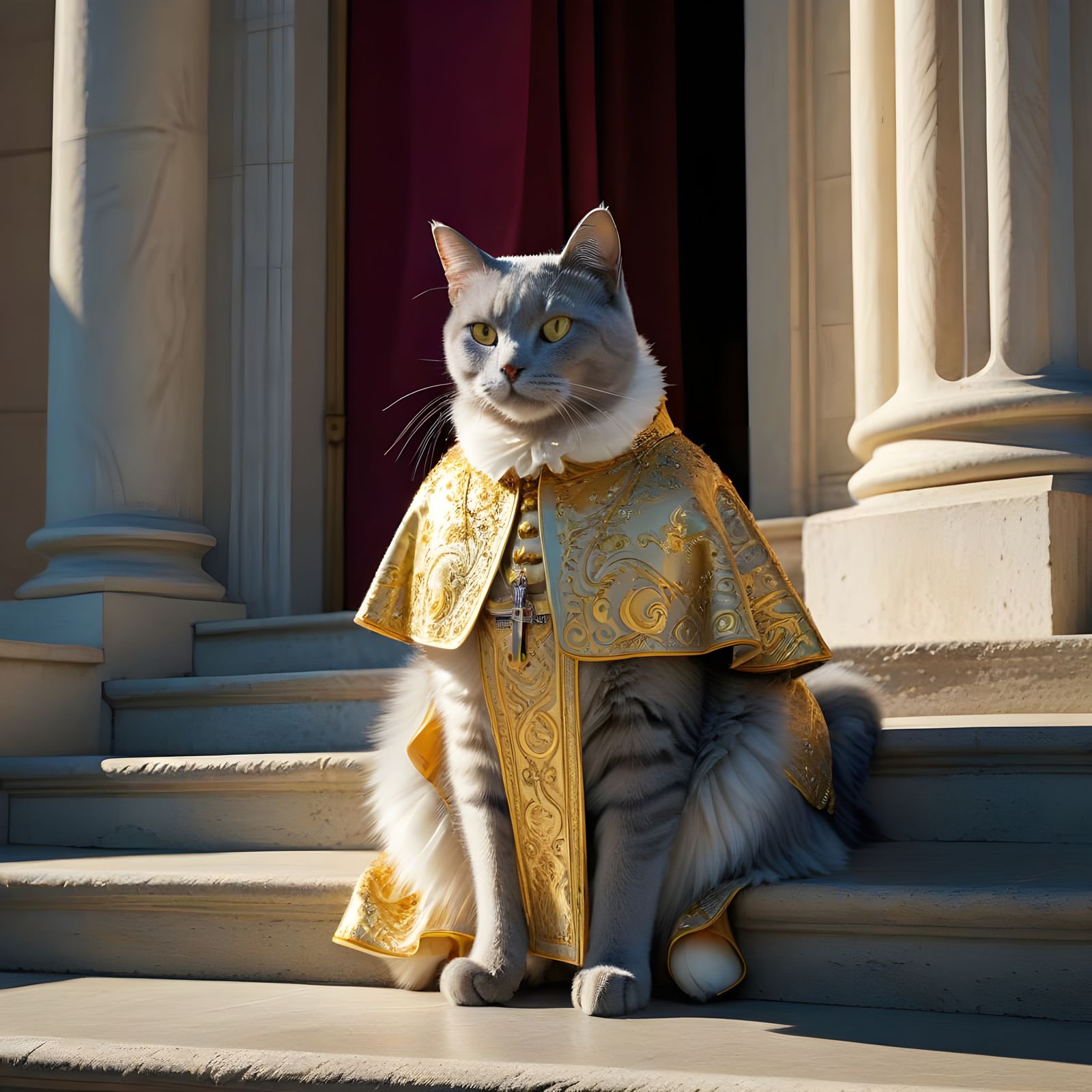 Grey Feline Pope Stands Vigilant on Vatican Steps