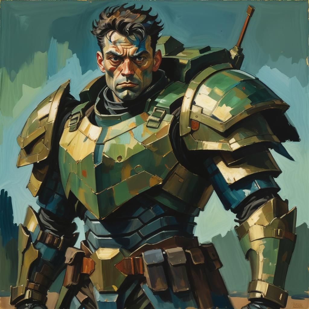Fierce Armored Fighter: Expressionist Gouache Portrait
