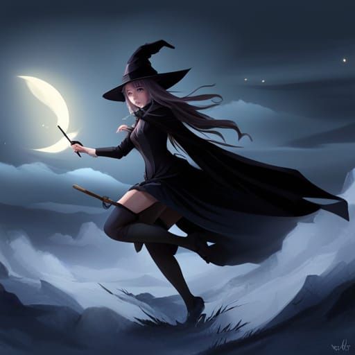 Anime Witch Flying at Night