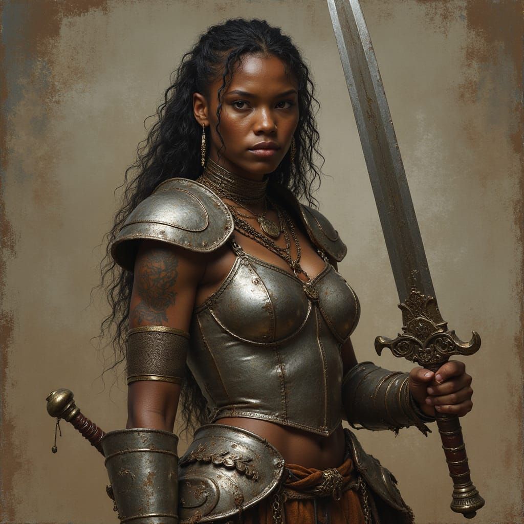 African Warrior Woman with Intricate Tattoos and Armored Str...