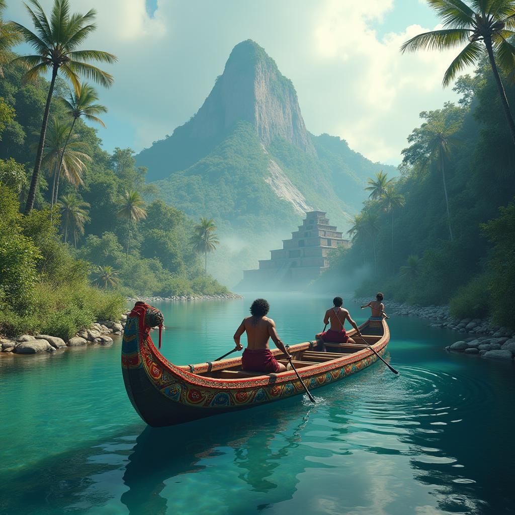 Mesoamerican Villagers on Ornate Canoe: 8k Matte Painting