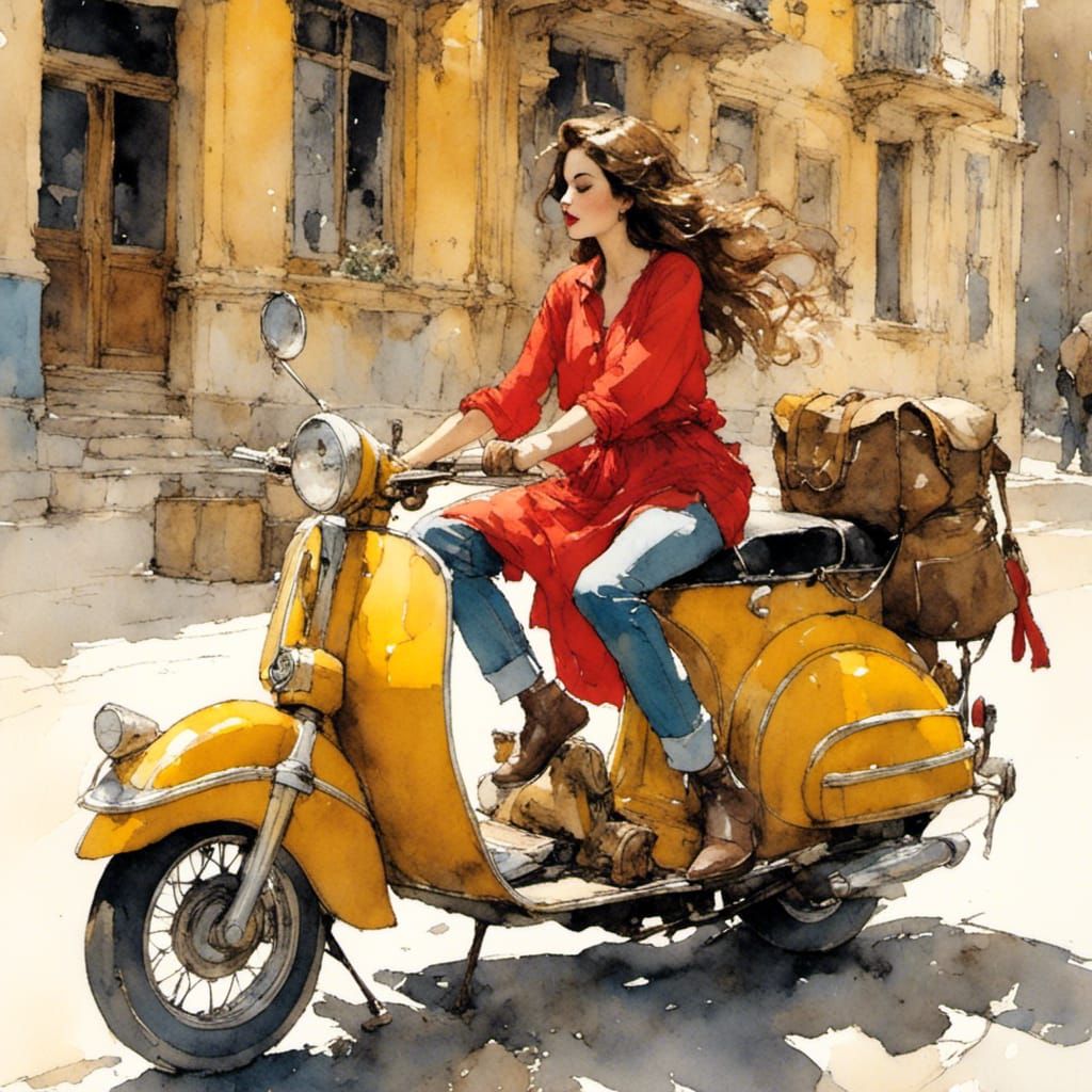 Woman on Red Scooter with Groceries Illustration