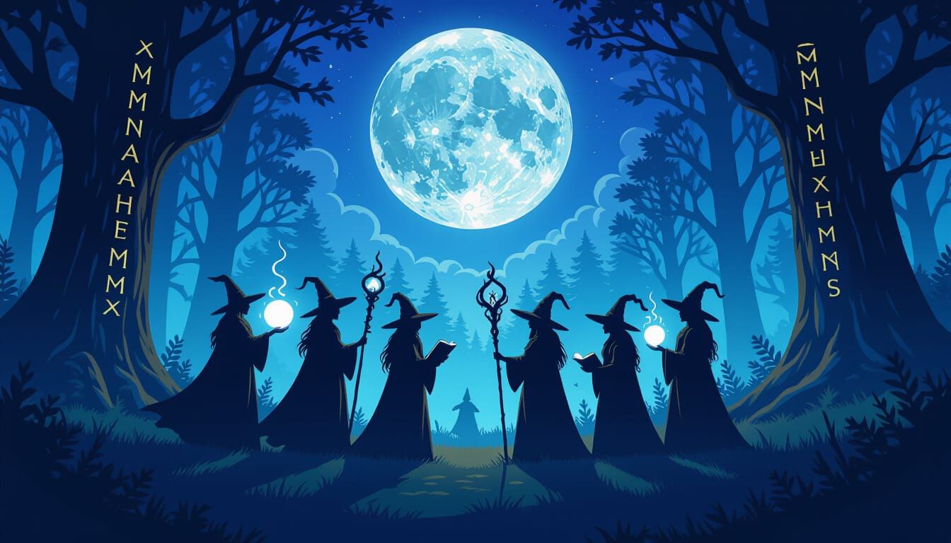Witches' Coven in Moonlit Clearing