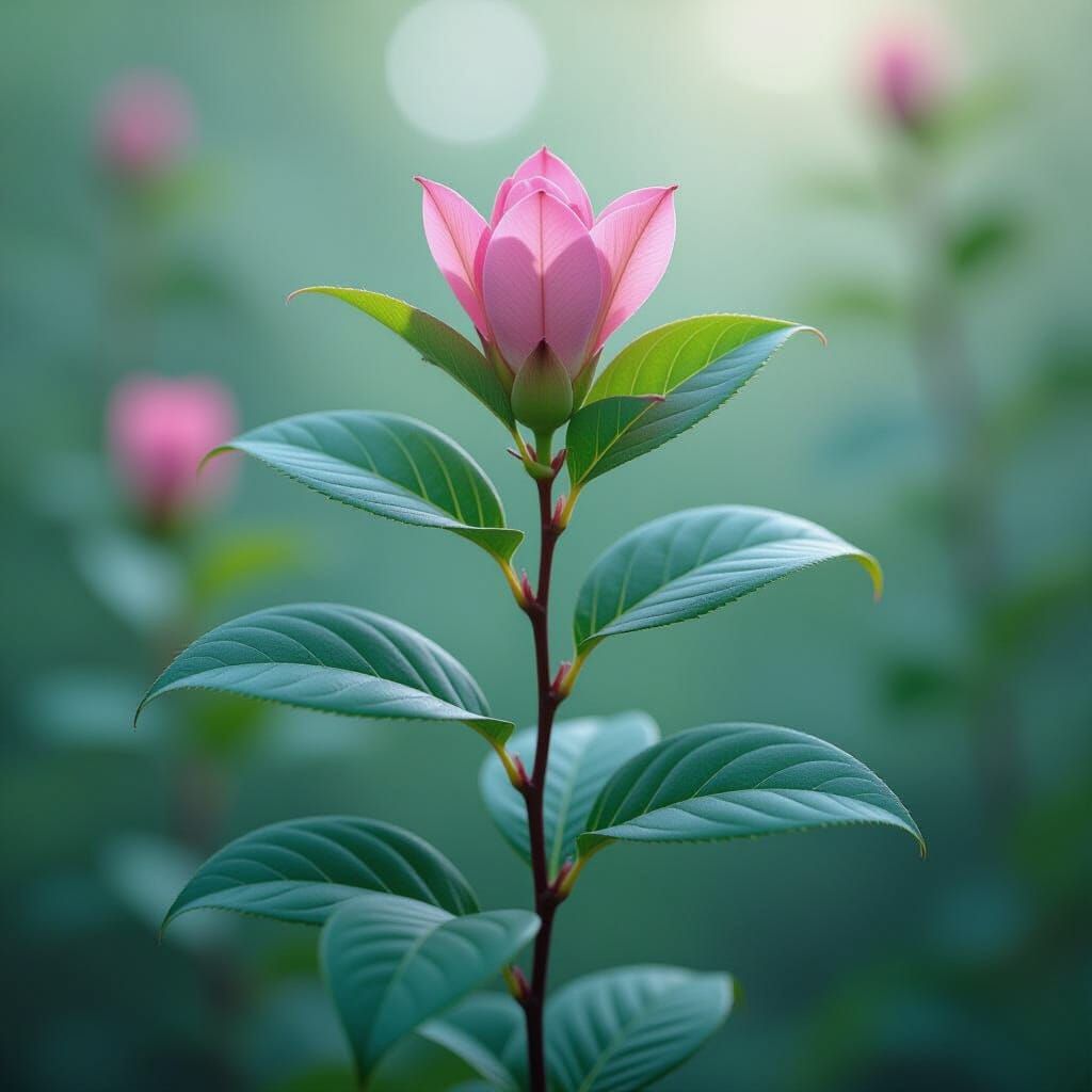 Hyperrealistic Botanical Study: Pink Stem with Solitary Gree...