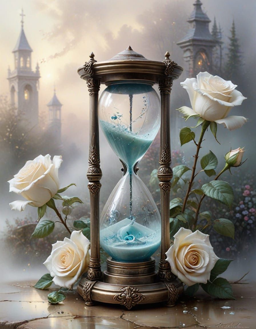 Hyper-Realistic Antique Hourglass with White Roses