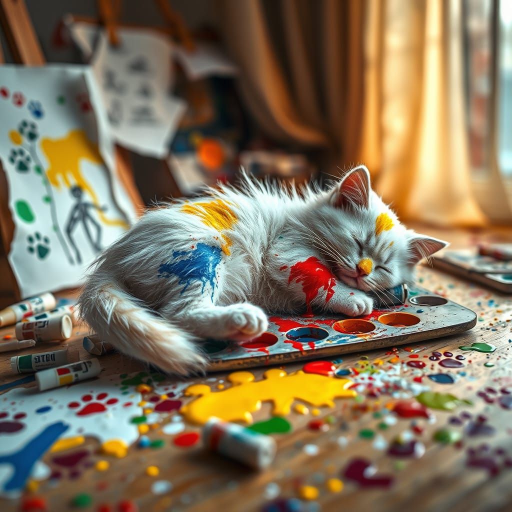 Fluffy Kitten Covered in Paint on Artist Palette