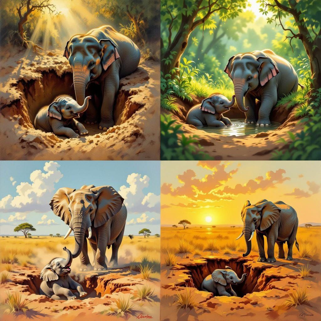 Baby Elephant Falls into Hole, Father Faints in Surprise