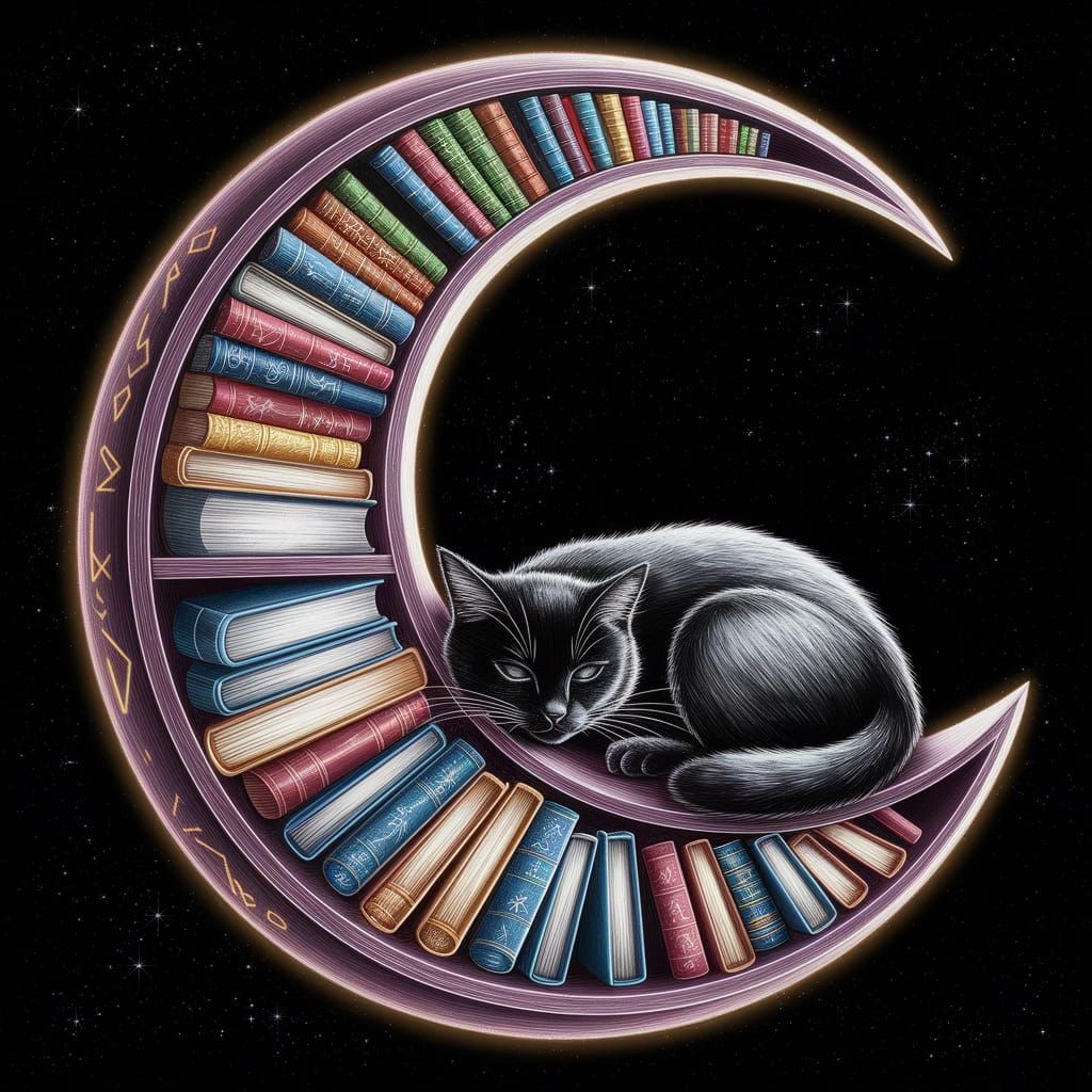 Whimsical Pencil Drawing of Enchanted Bookshelf Under Cresce...