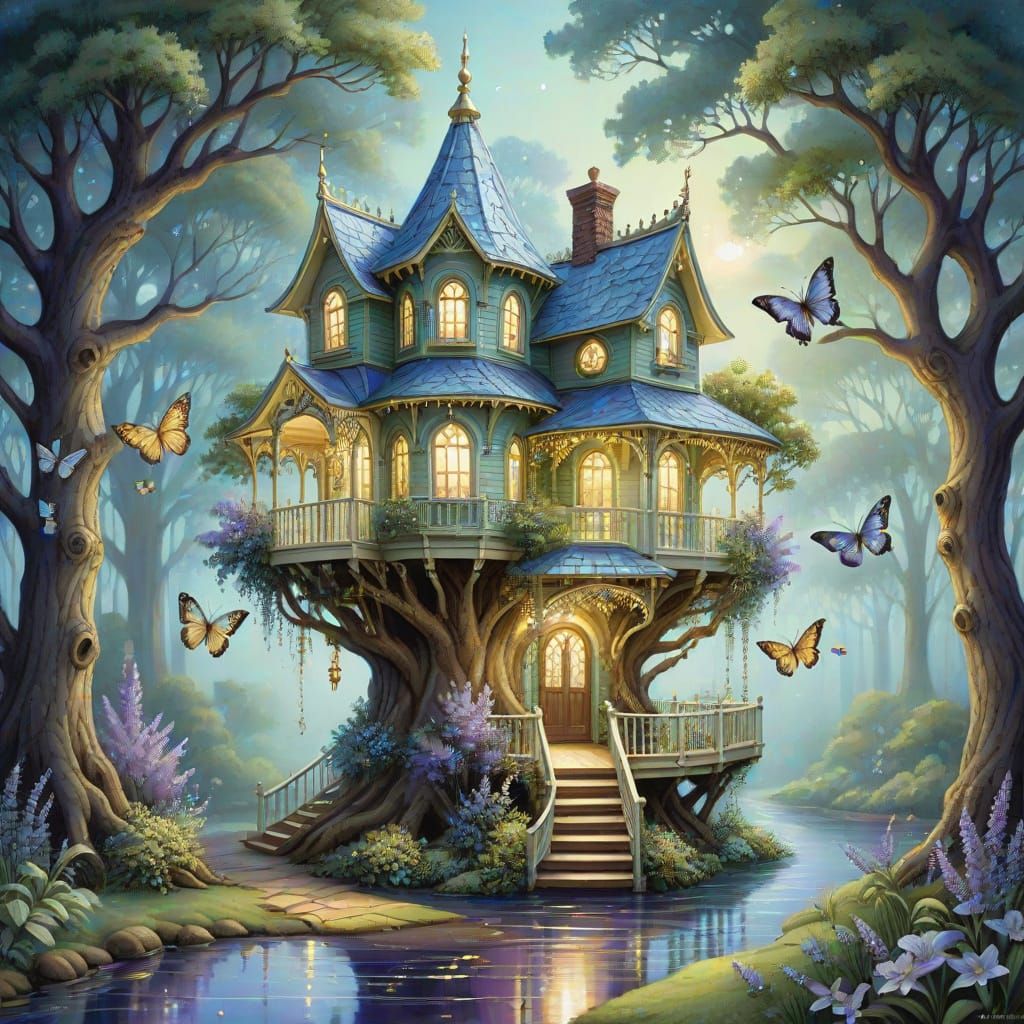 Whimsical Victorian Treehouse in a Majestic Oak, with Lavend...