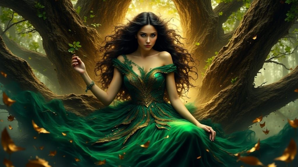 Regal Woman in Emerald Gown on Ancient Oak Tree
