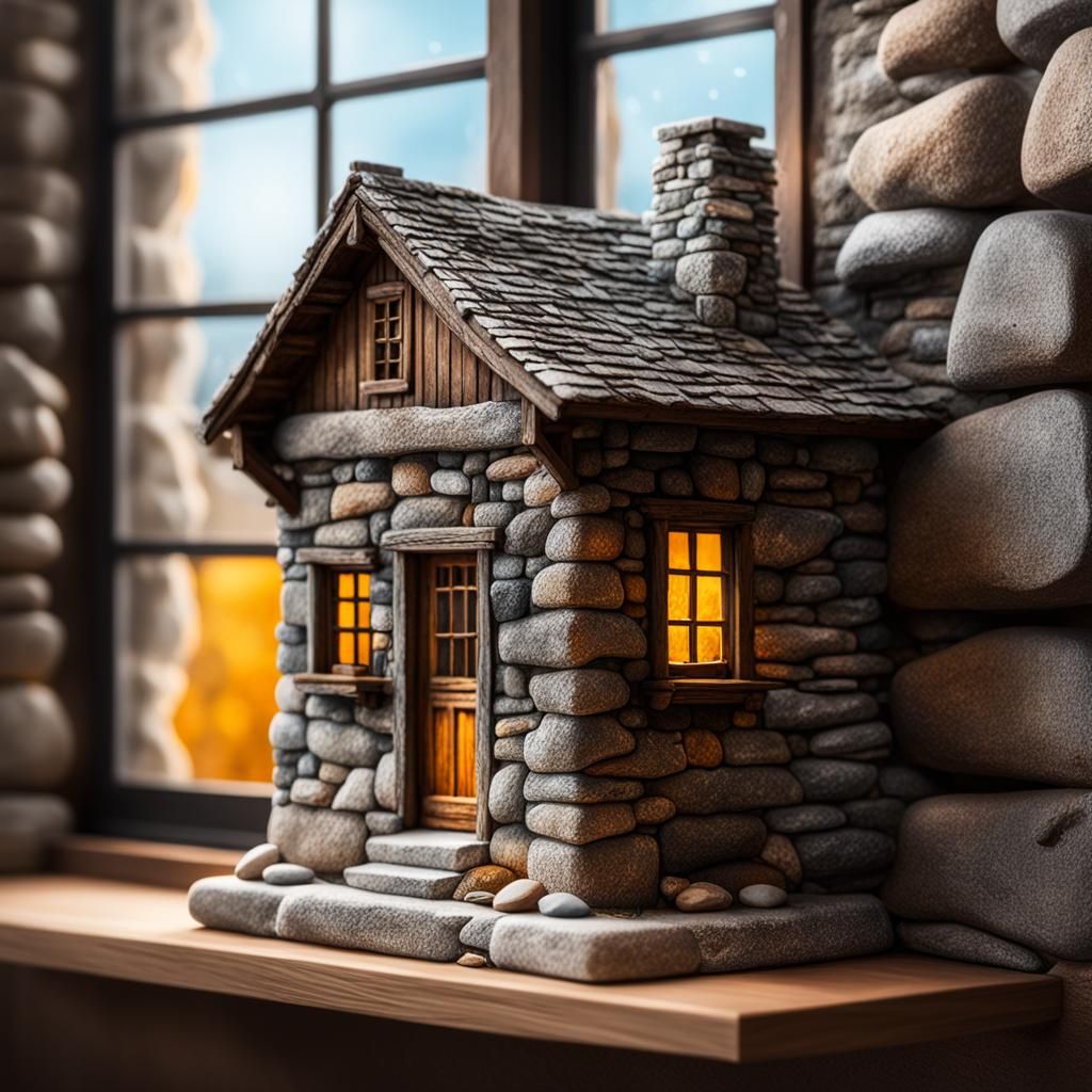 Hyperrealistic Miniature Stone Cabin on a Shelf