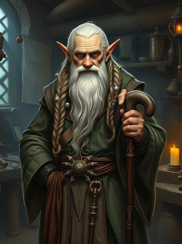 Elven Artisan with Wooden Cane and Luxurious Beard