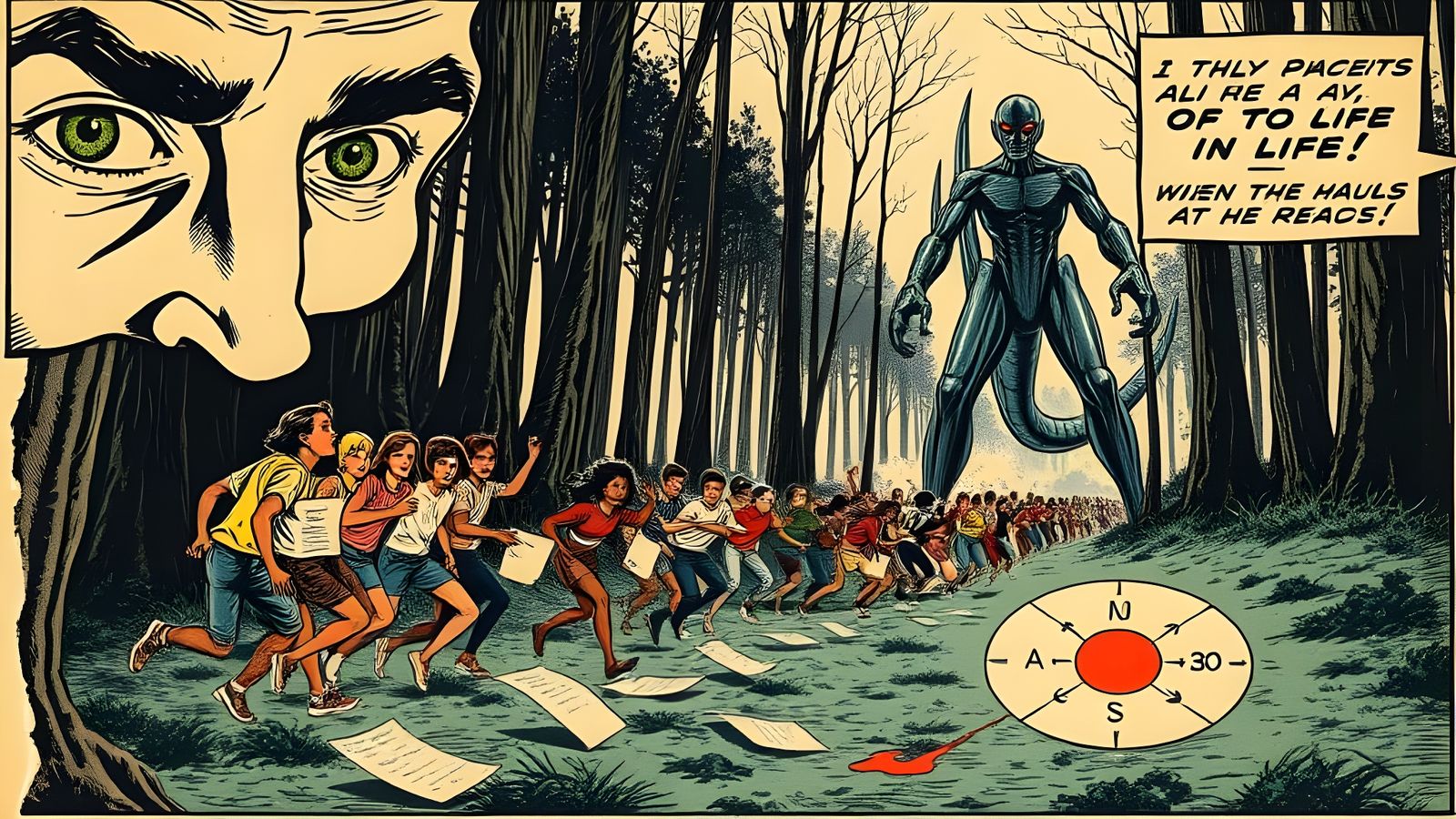 Torn 1950s Sci-Fi Comic Book Panel with Retro-Futuristic Ter...