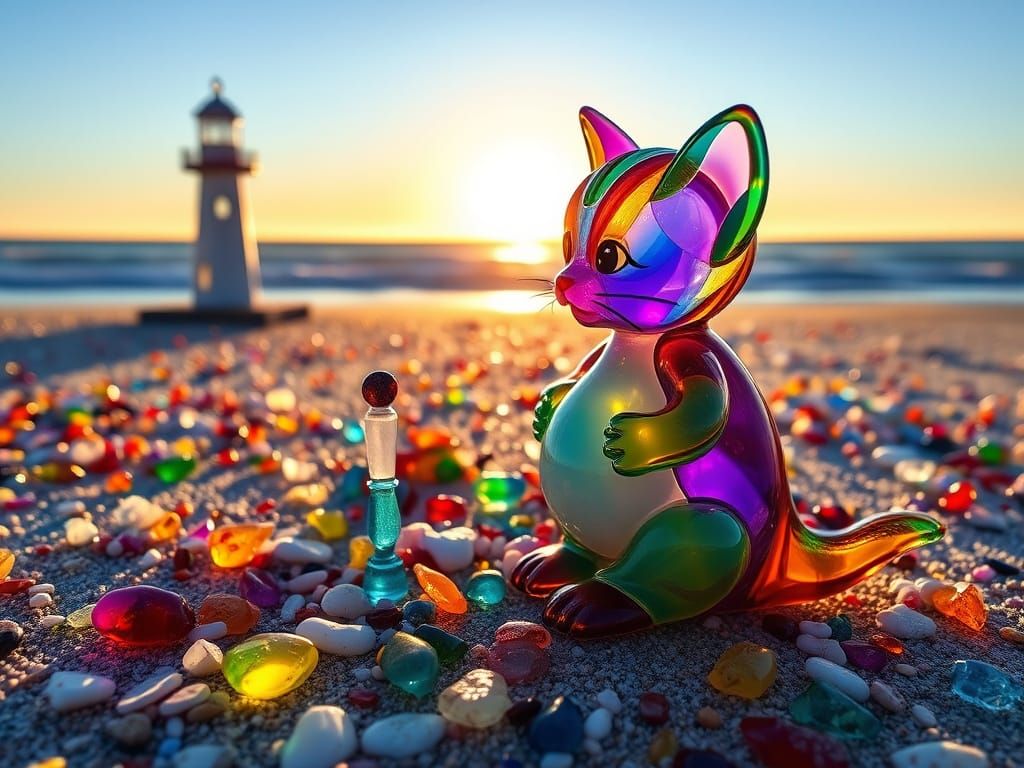Serene Beach Sunrise With Colorful Glass Stones and Lighthou...