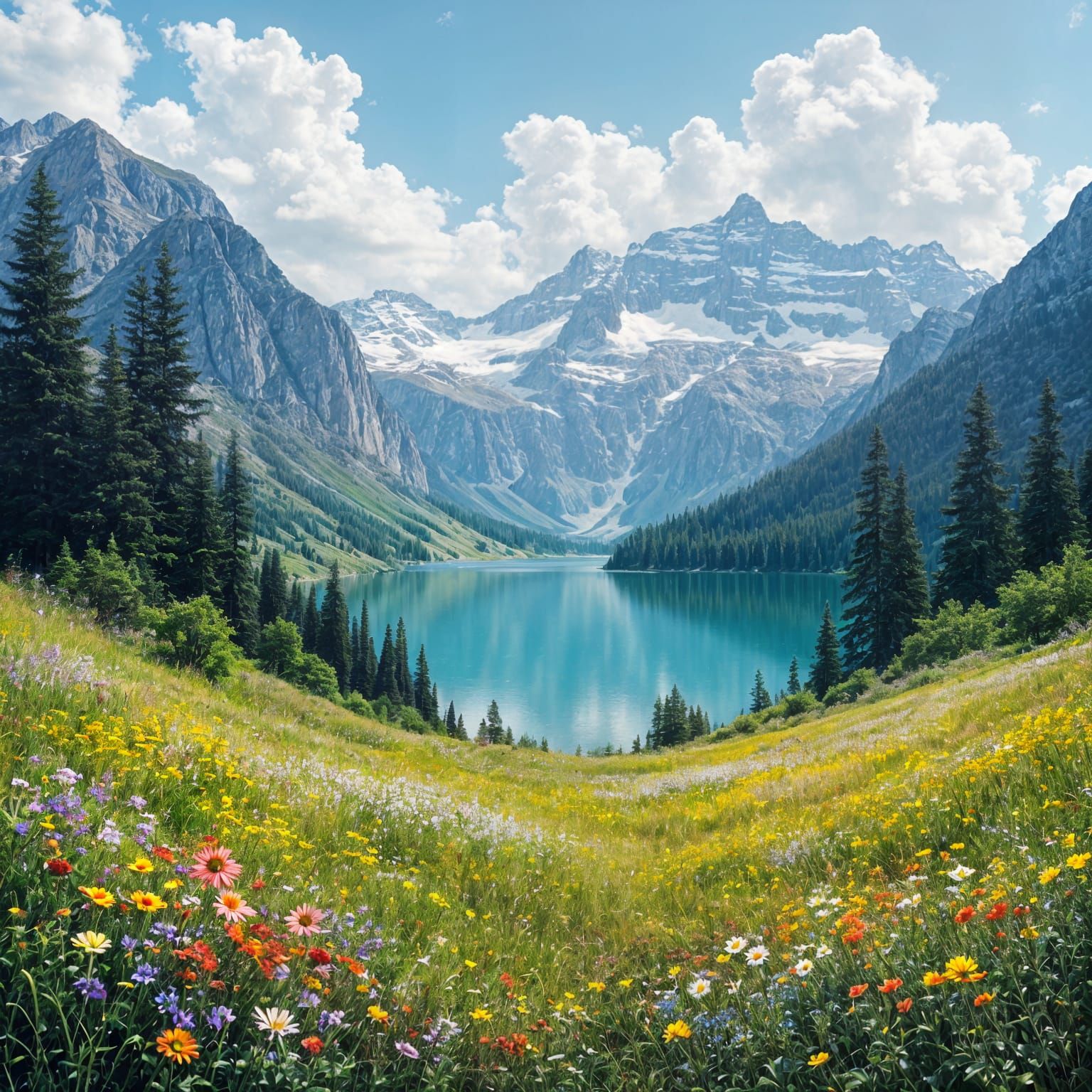 Mountain Lake Meadow in Clear Sky