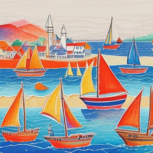 orange background, naive composition of sailing boats sailin...