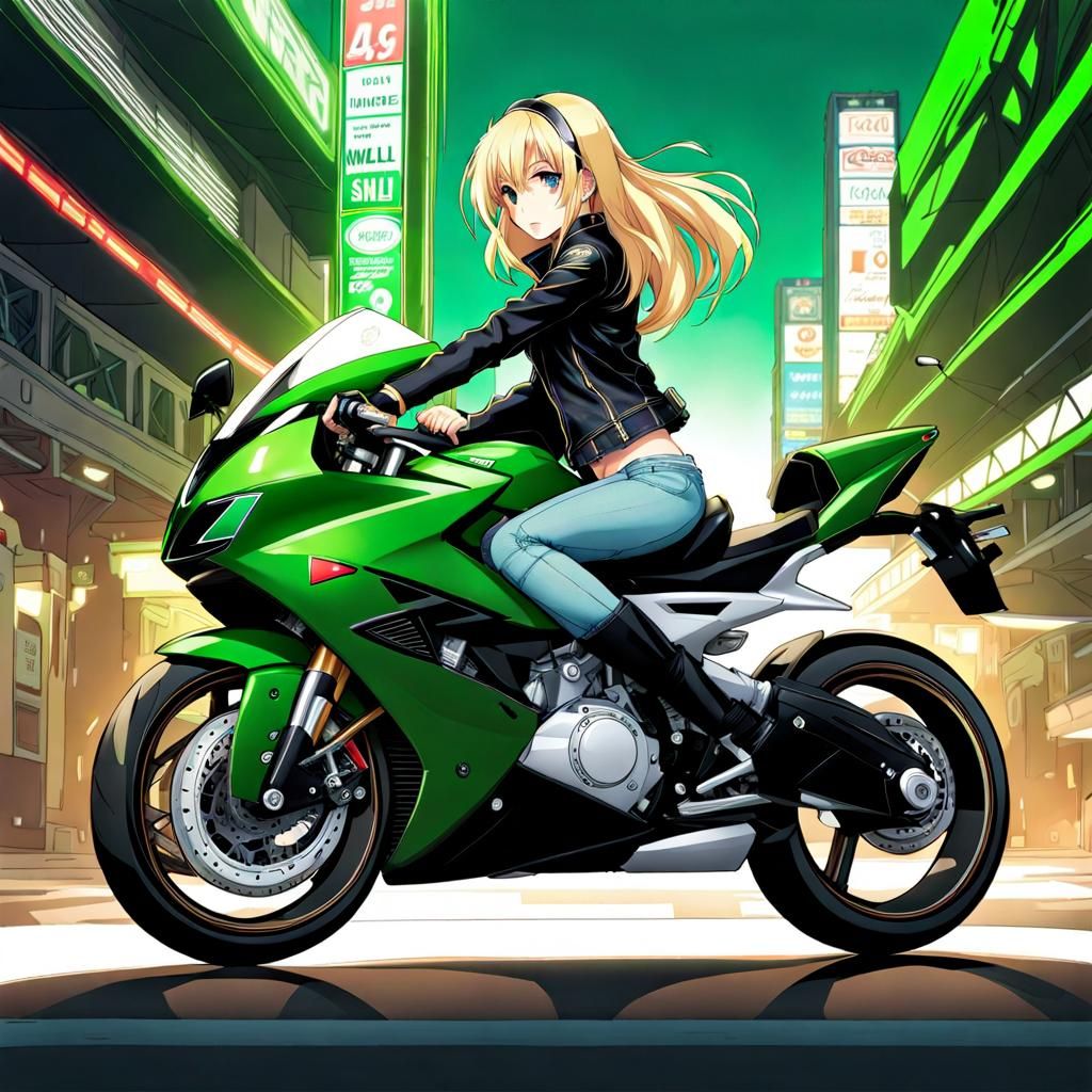 Anime Girl on Sports Bike in Green Shirt