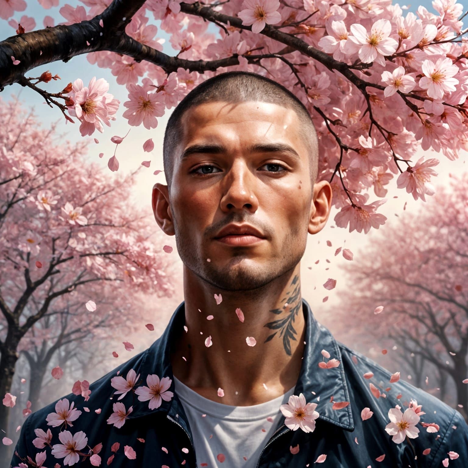 Charming Man with Cherry Blossoms as Impasto Painting