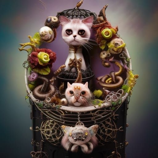 Enthroned Plushie Skeleton Kitty in Surreal Installation