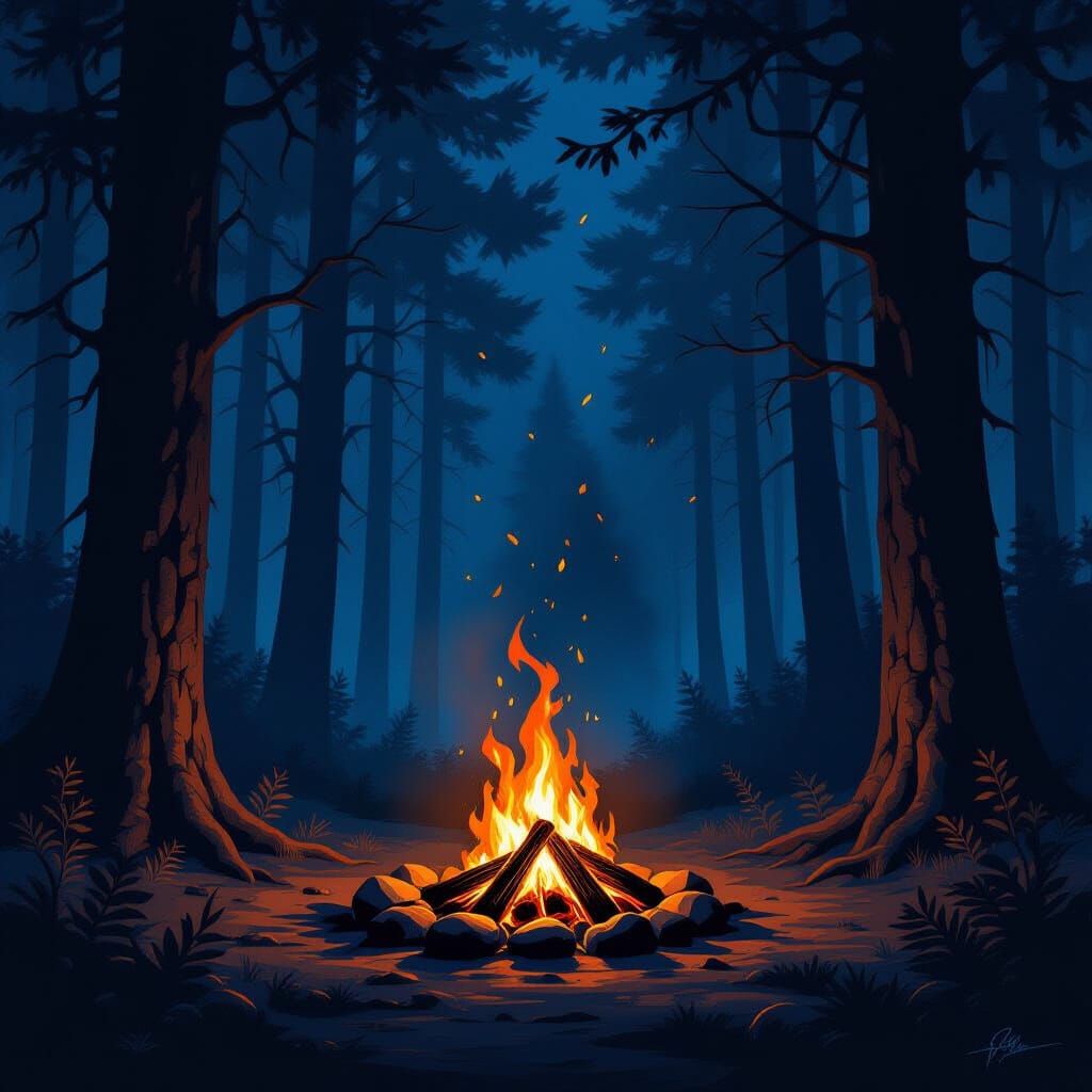 Dark Fantasy Forest Campfire Concept Art