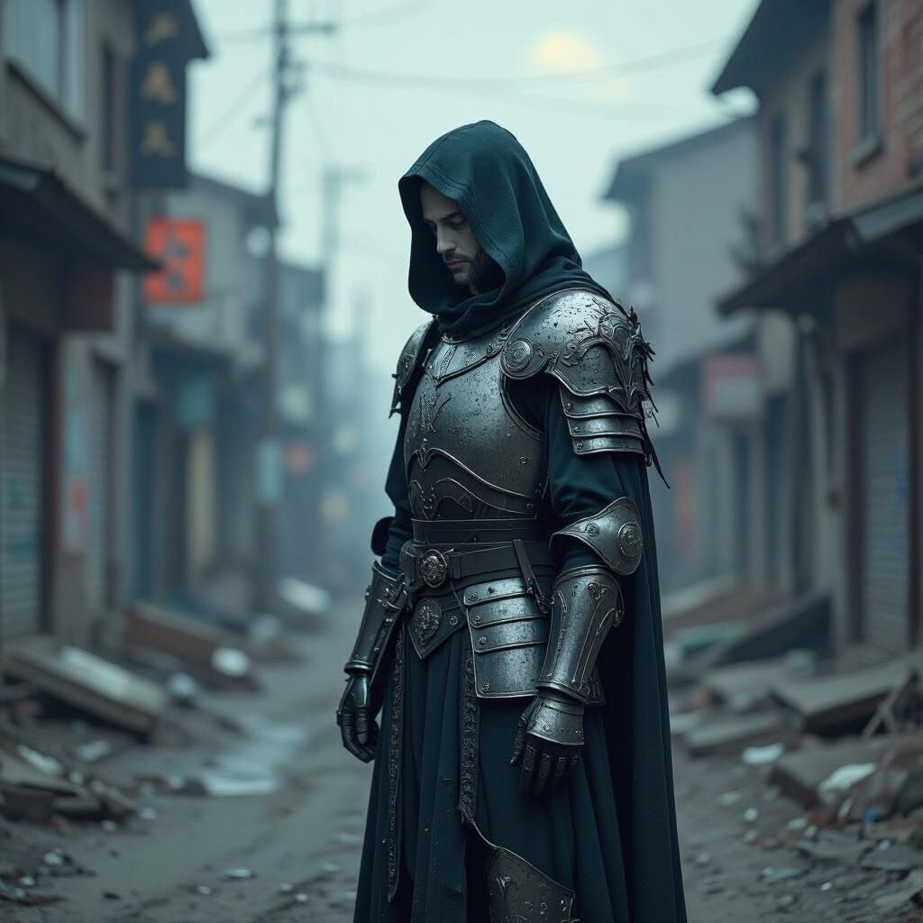 Melancholic Knight in Boschian Armor Amidst Cityscape