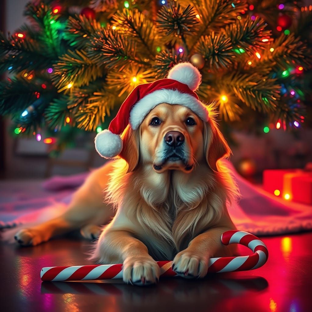 Golden Retriever in Whimsical Christmas Wonderland