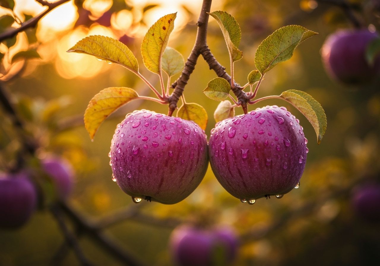 Purple Apples on Branch in Golden Sunset