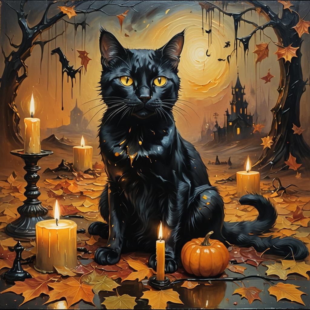 Surreal Halloween Cat in Oil Painting Style