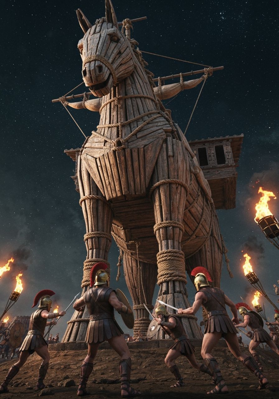 Epic Trojan Horse Battle Under Starry Night