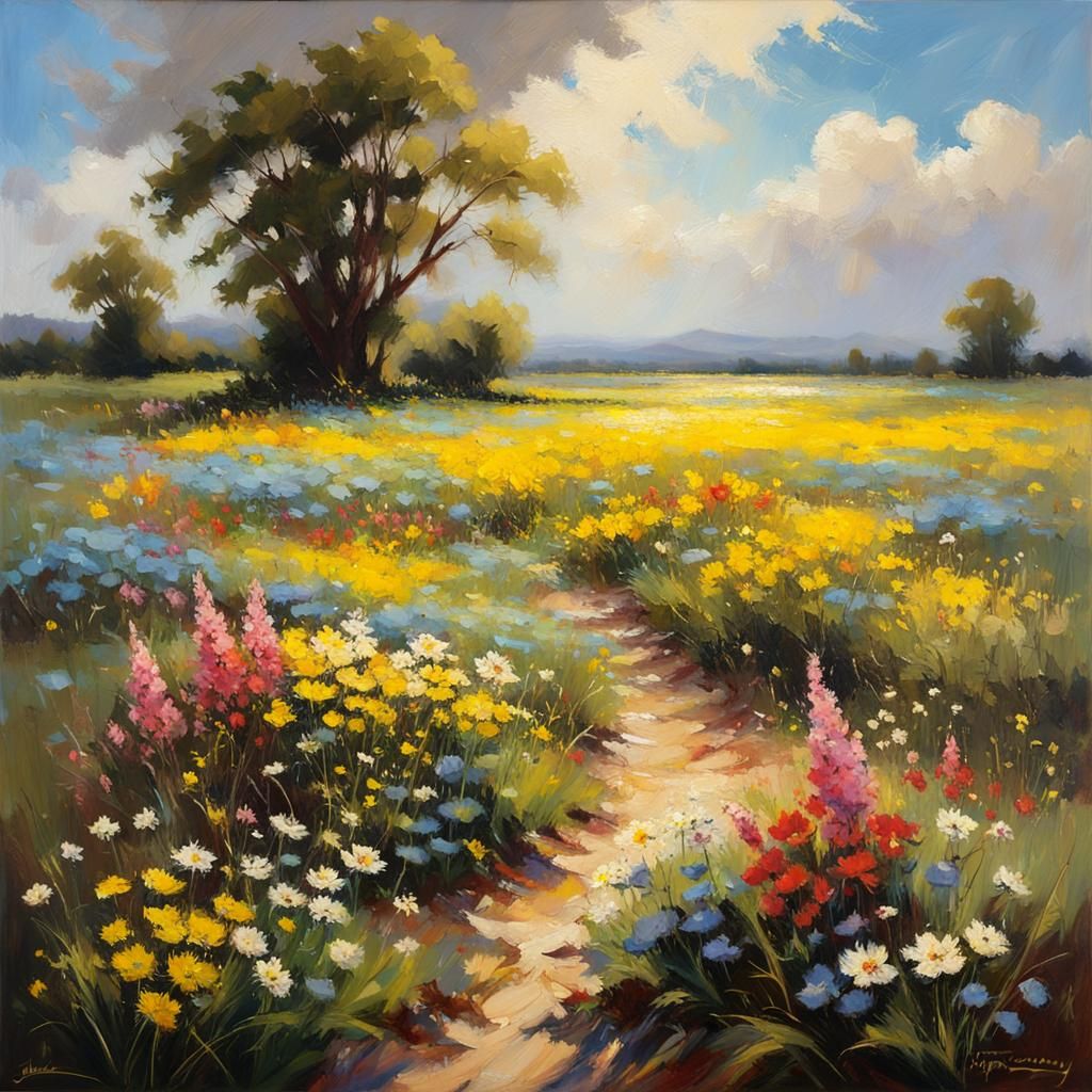 Wildflower Field Oil Painting in Encaustic Style