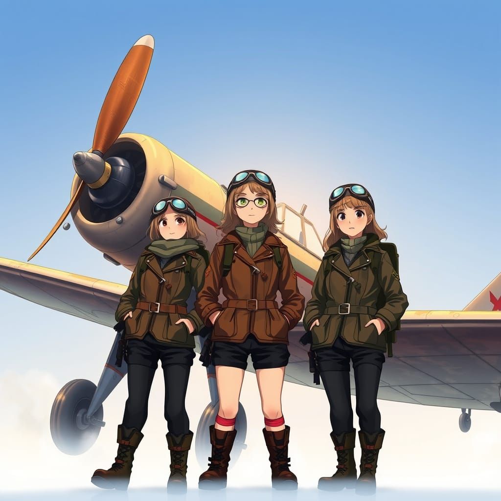 Soviet Pilot Girls Stand Proud in Front of Vintage PO-2 Bipl...