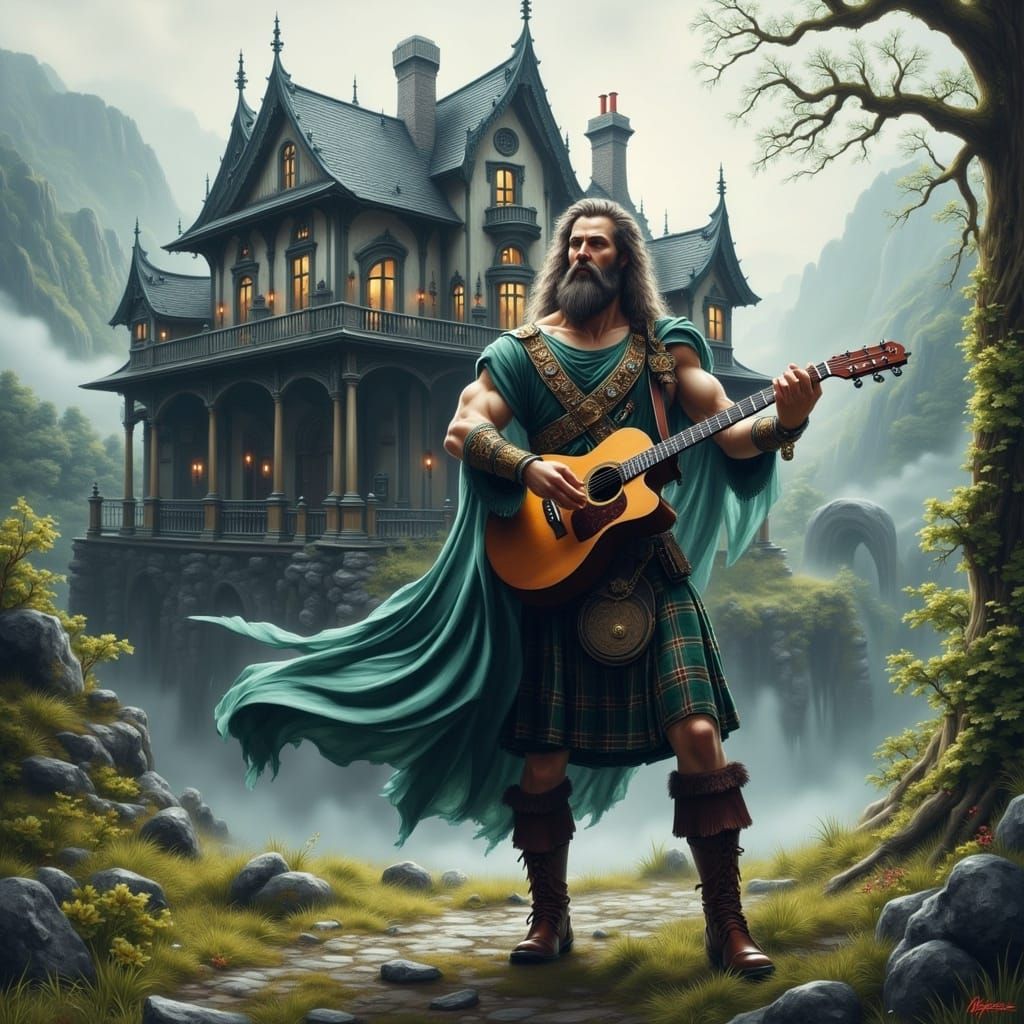 Scottish Warrior Supports Mansion, Plays Guitar