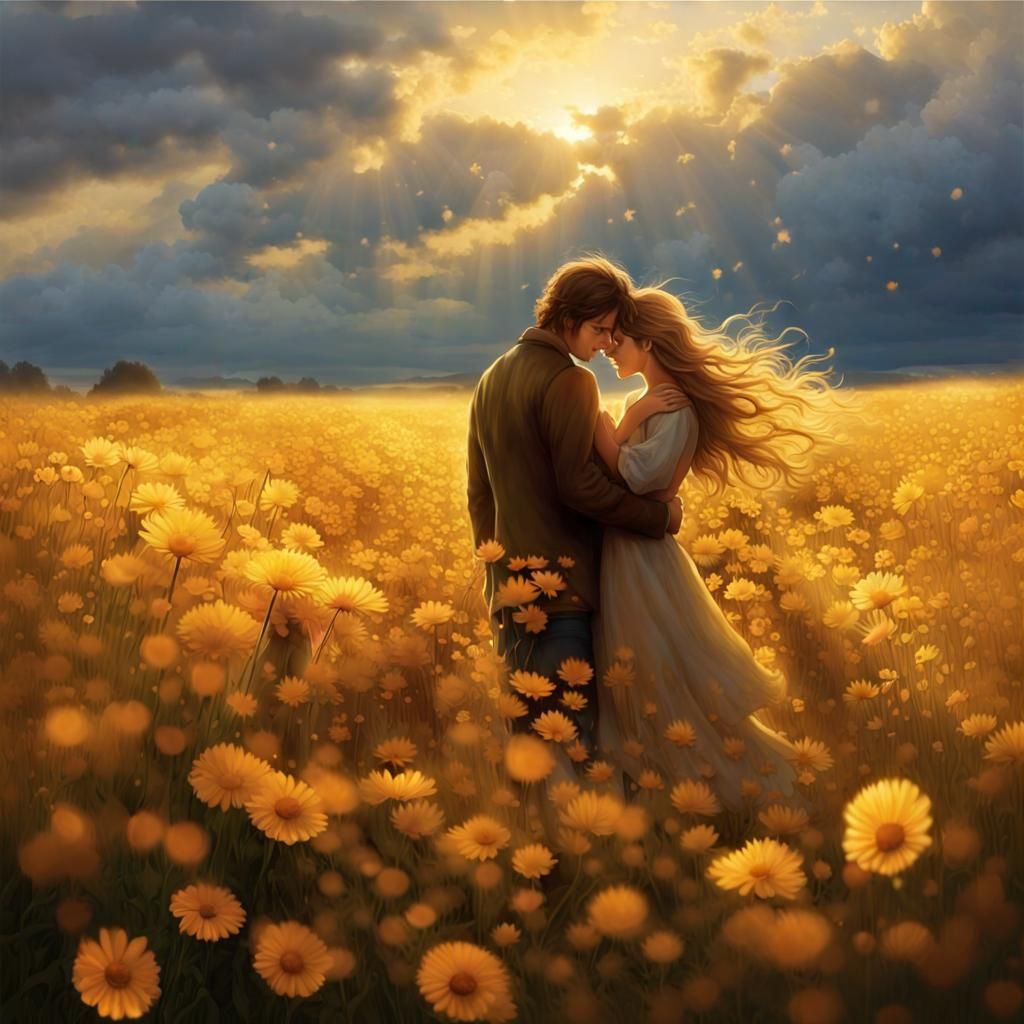 Golden Flower Field in Gentle Breeze