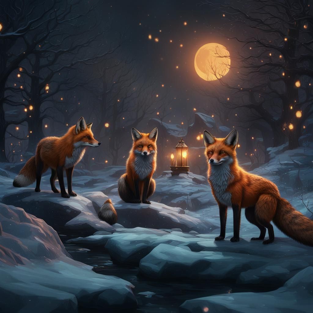 Foxes in Dark Cold Night: Fantasy Concept Art